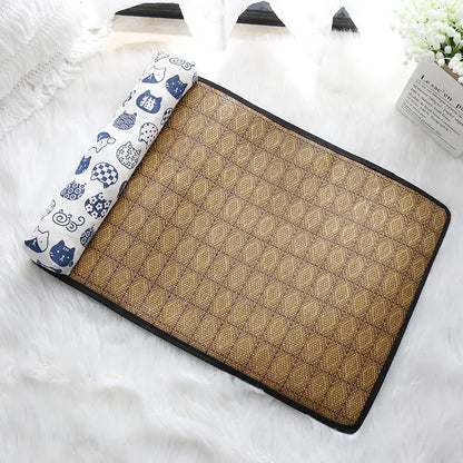 Cat Natural Cooling Mat Summer Pet Self Cooling Pad Cat Bed Mat For Dogs Indoor Rattan Weave Mat Sleeping Cat Bed